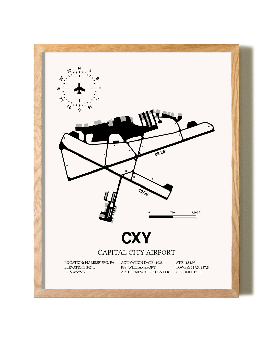 Capital City Airport framed print in natural wood frame