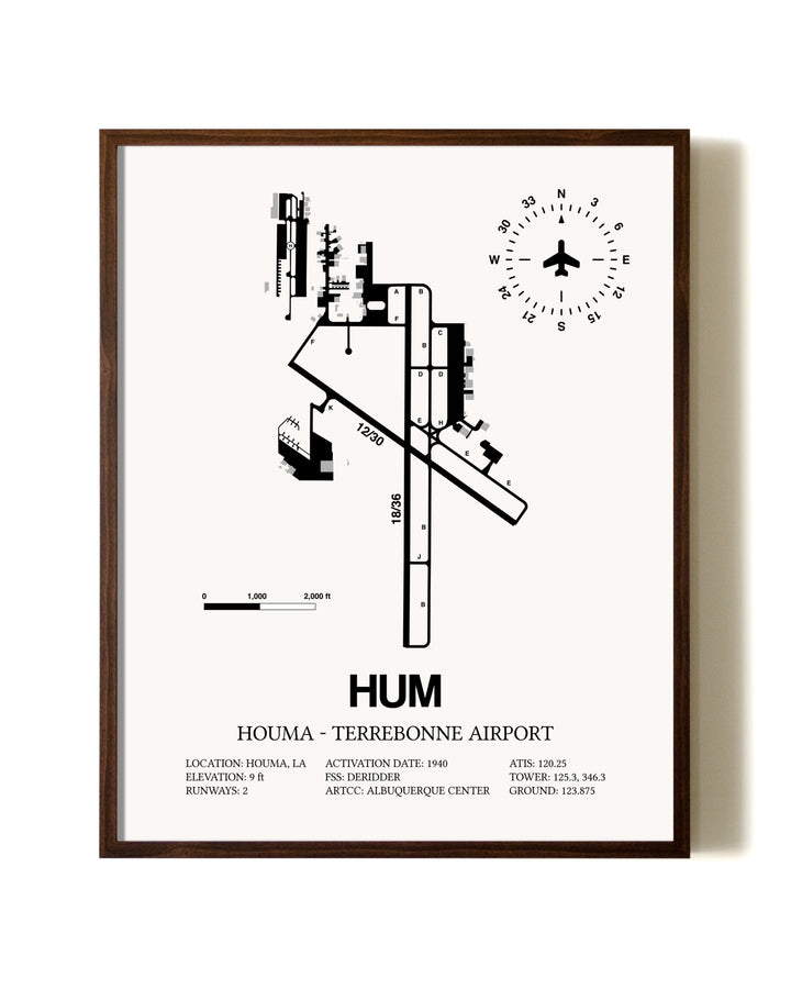 Houma-Terrebonne Airport aviation print in walnut frame