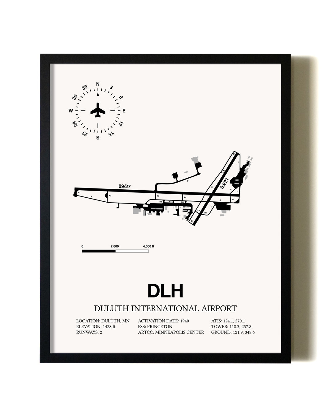 Framed Duluth International Airport wall art poster in black frame