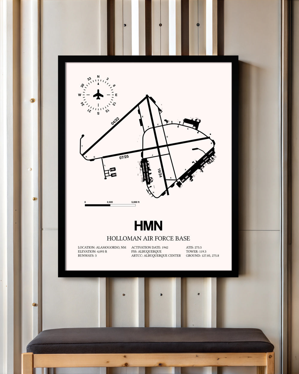 Holloman Air Force Base framed poster displayed in an airplane hangar