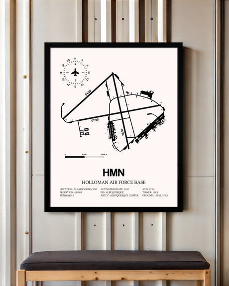 Holloman Air Force Base framed poster displayed in an airplane hangar