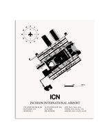 Gray Incheon International Airport framed poster displayed in an airplane hangar