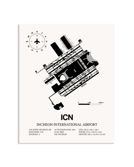 Gray Incheon International Airport framed poster displayed in an airplane hangar