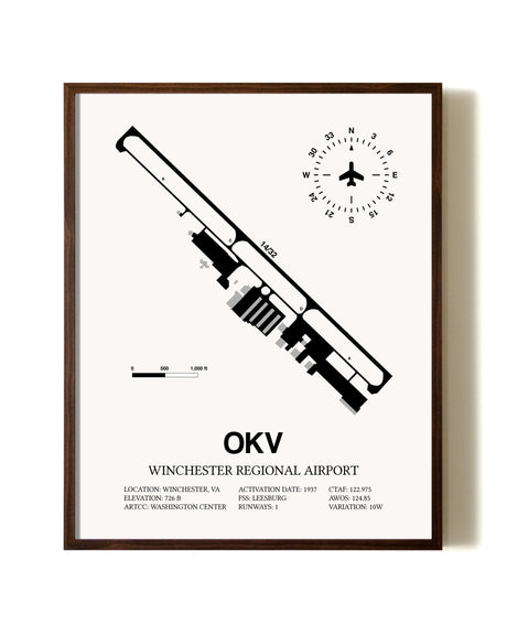 Winchester Regional Airport aviation print in walnut frame