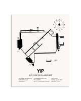 Gray Willow Run Airport framed poster displayed in an airplane hangar
