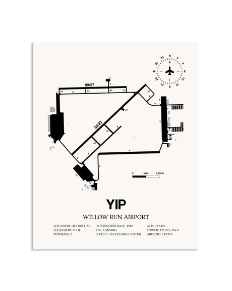 Gray Willow Run Airport framed poster displayed in an airplane hangar