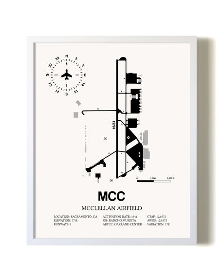 McClellan Airfield airport map poster in oak frame