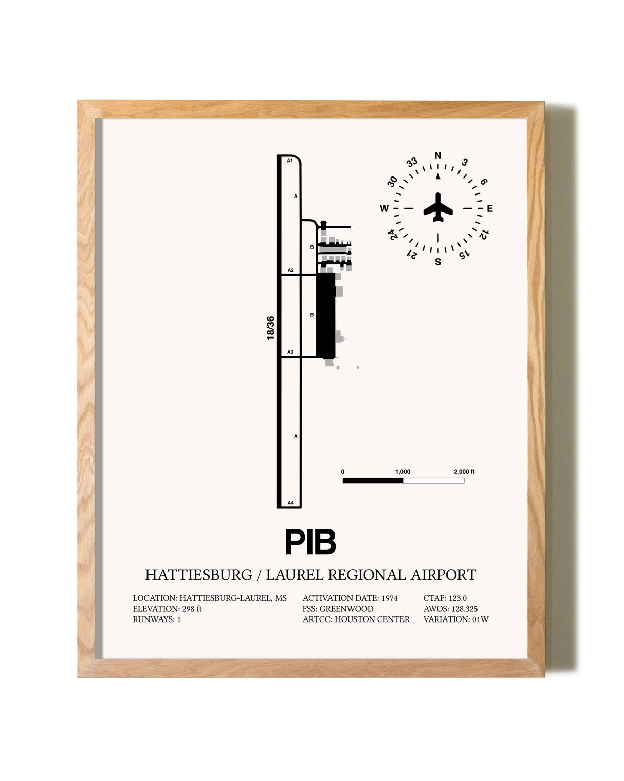 Hattiesburg / Laurel Regional Airport framed print in natural wood frame