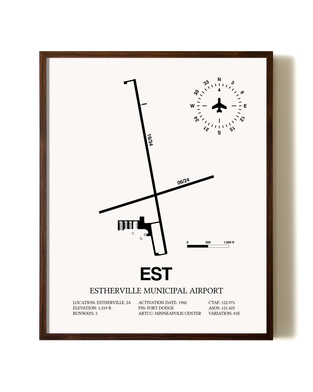 Estherville Municipal Airport aviation print in walnut frame