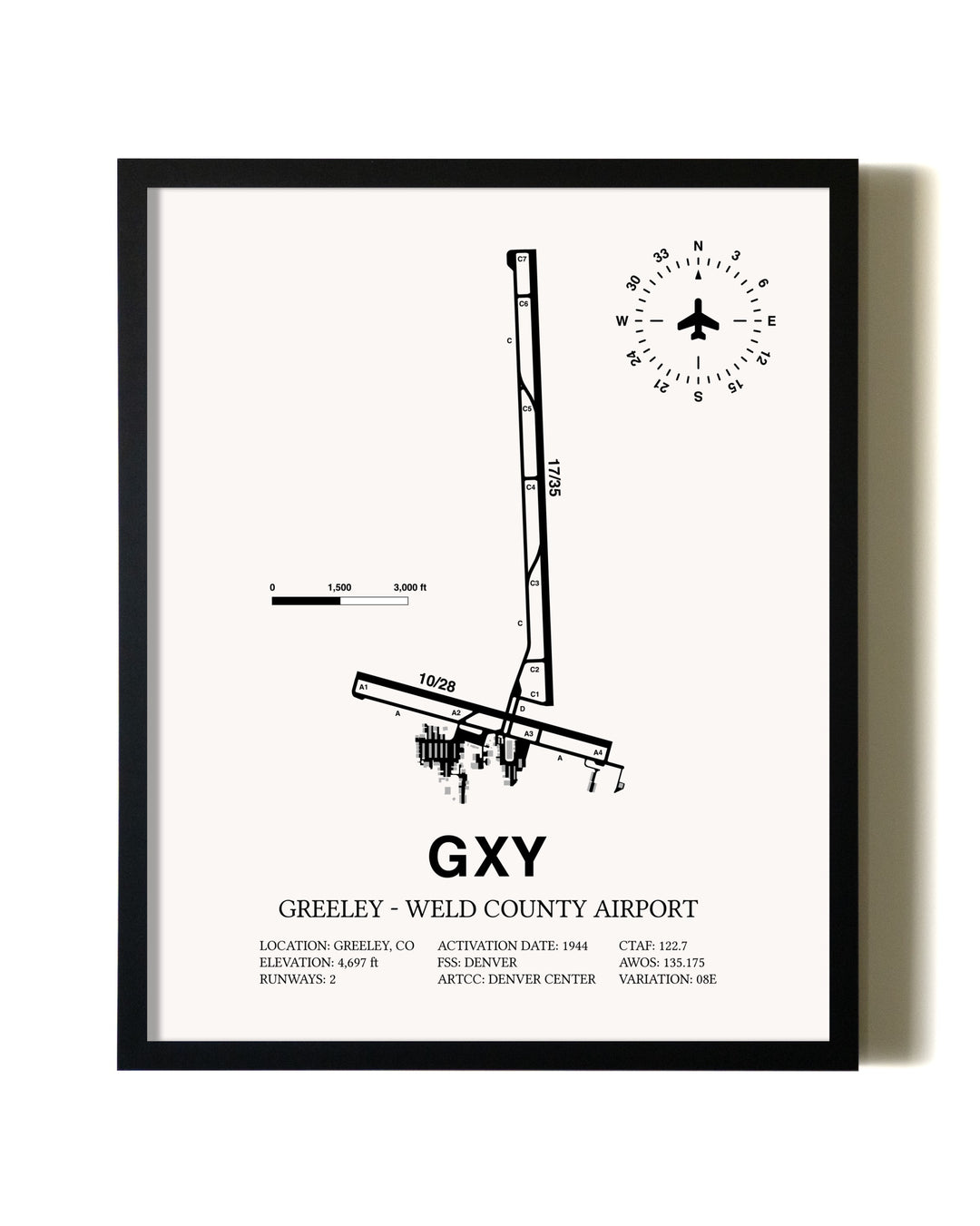 Framed Greeley-Weld County Airport wall art poster in black frame