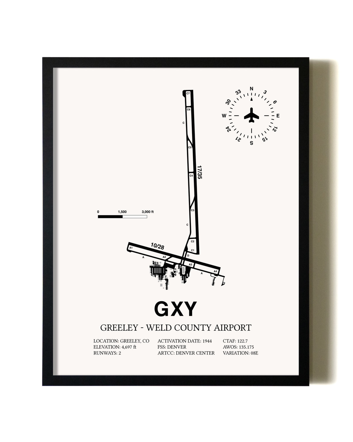 Framed Greeley-Weld County Airport wall art poster in black frame