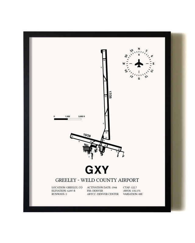 Framed Greeley-Weld County Airport wall art poster in black frame