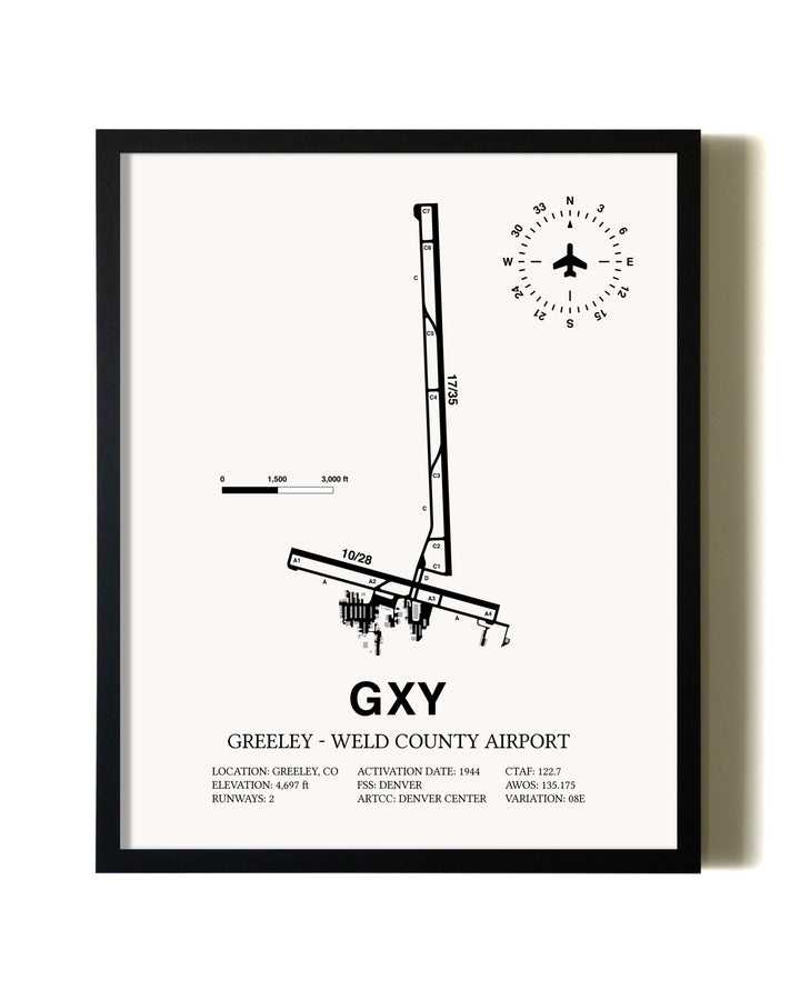 Framed Greeley-Weld County Airport wall art poster in black frame