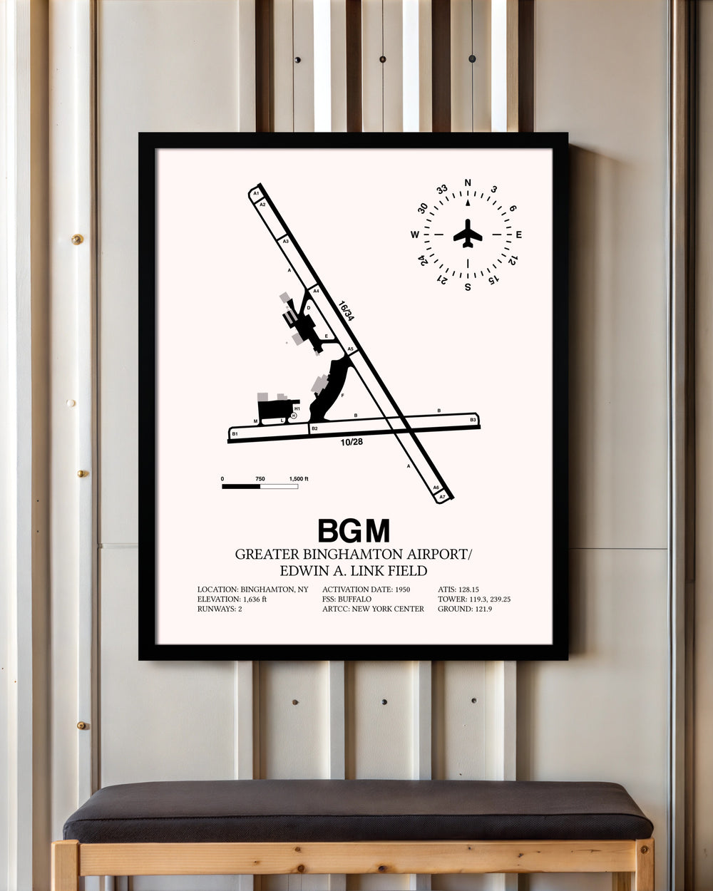 Greater Binghamton Airport / Edwin A. Link Field framed poster displayed in an airplane hangar