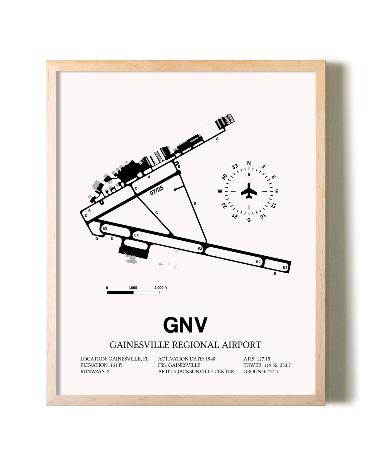 Gainesville Regional Airport framed wall art in white frame