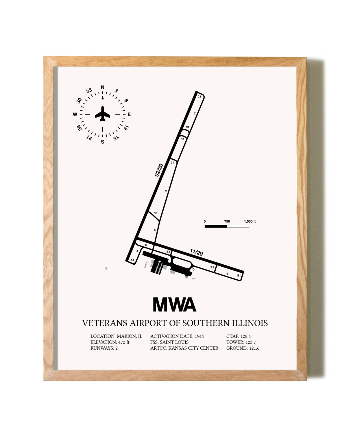 Veterans Airport Of Southern Illinois framed print in natural wood frame
