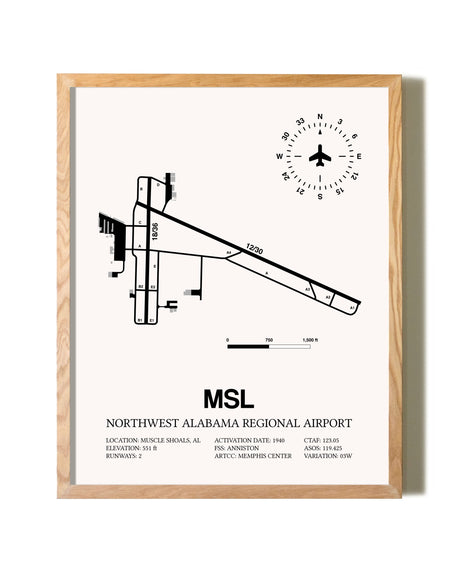 Northwest Alabama Regional Airport framed print in natural wood frame