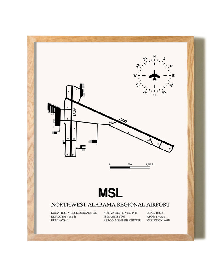 Northwest Alabama Regional Airport framed print in natural wood frame