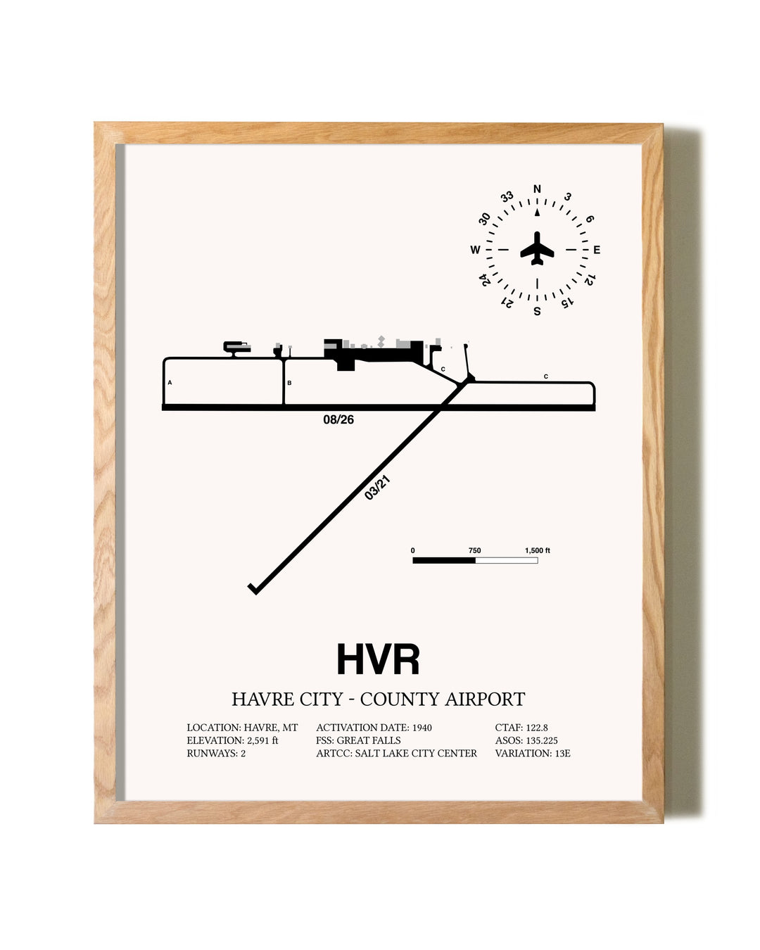 Havre City-County Airport framed print in natural wood frame