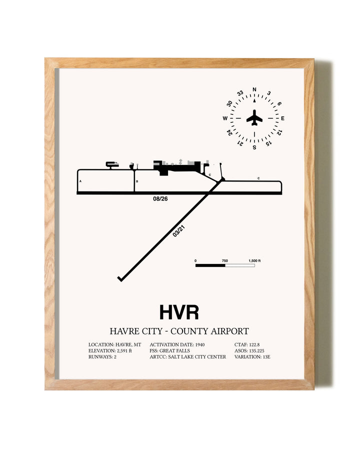 Havre City-County Airport framed print in natural wood frame