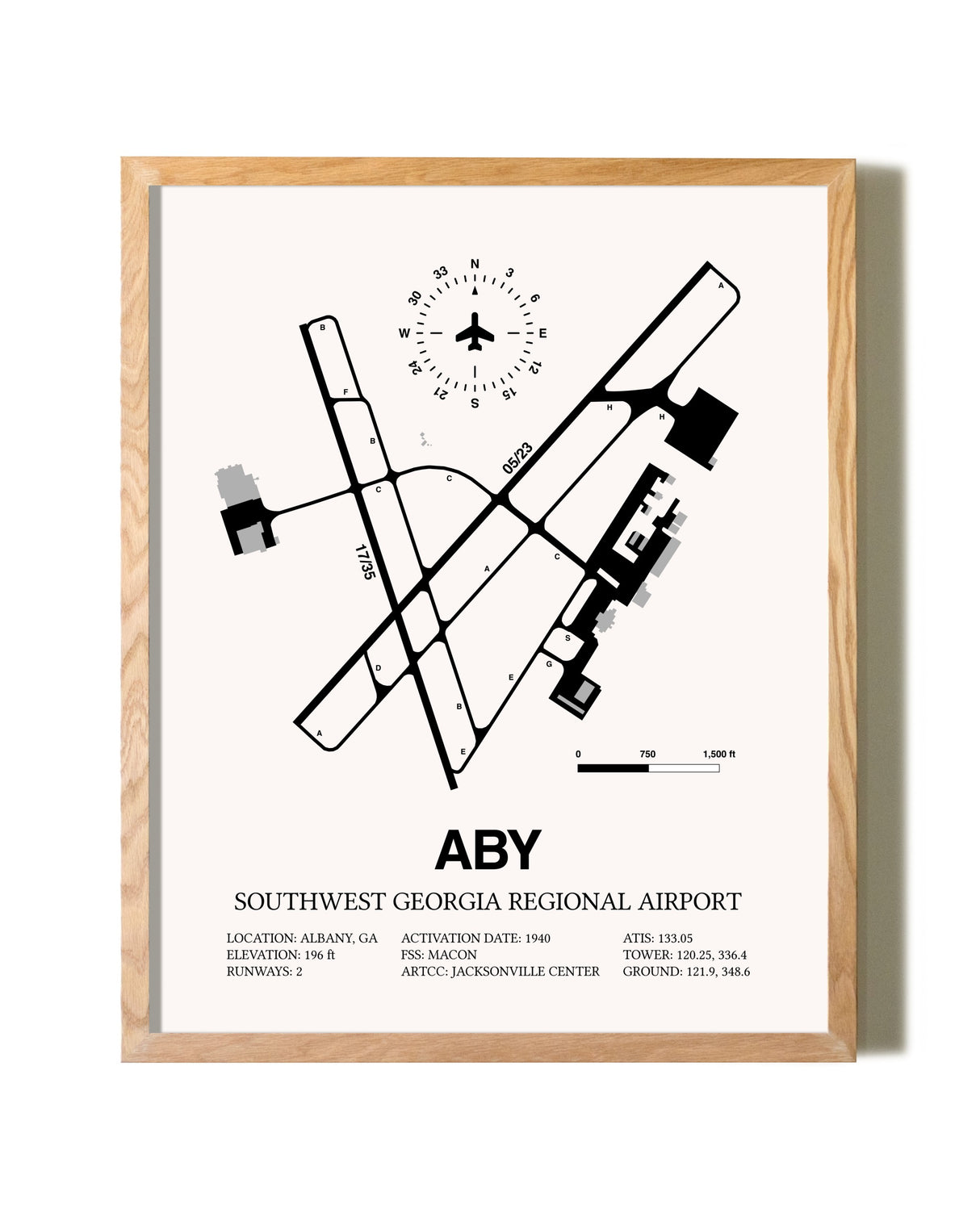 Southwest Georgia Regional Airport framed print in natural wood frame