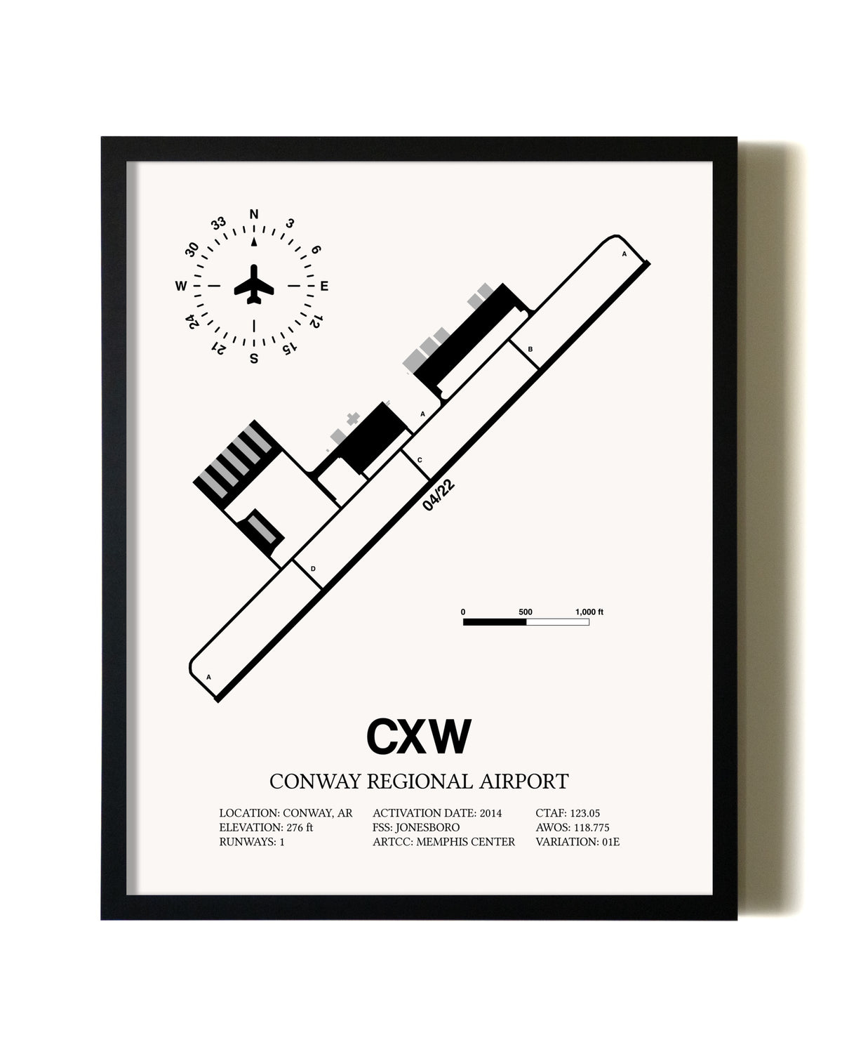 Framed Conway Regional Airport wall art poster in black frame