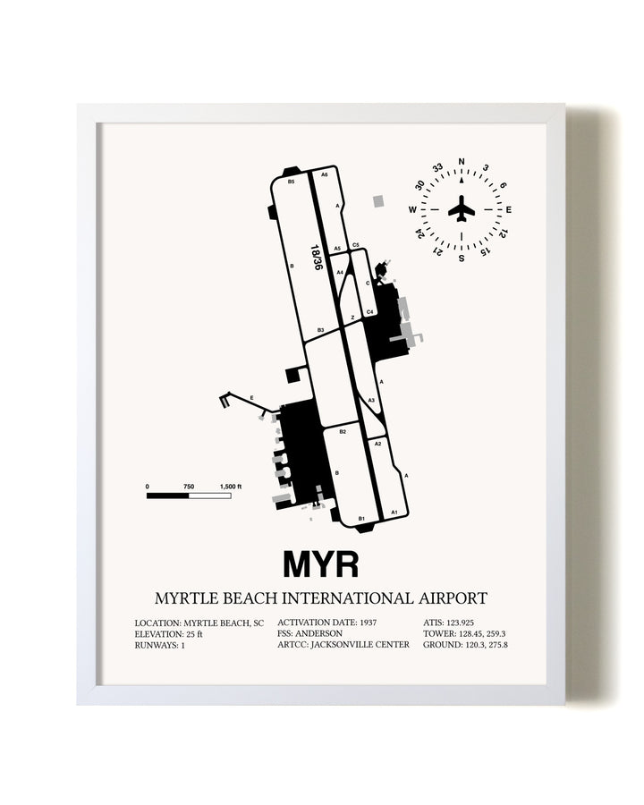 Myrtle Beach International Airport airport map poster in oak frame