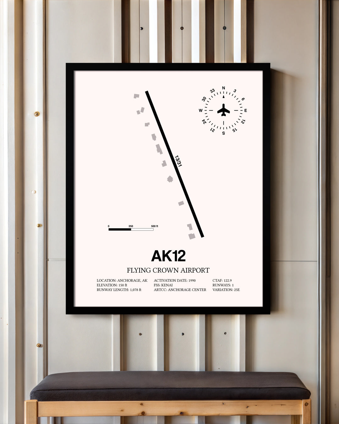 Flying Crown Airport framed poster displayed in an airplane hangar