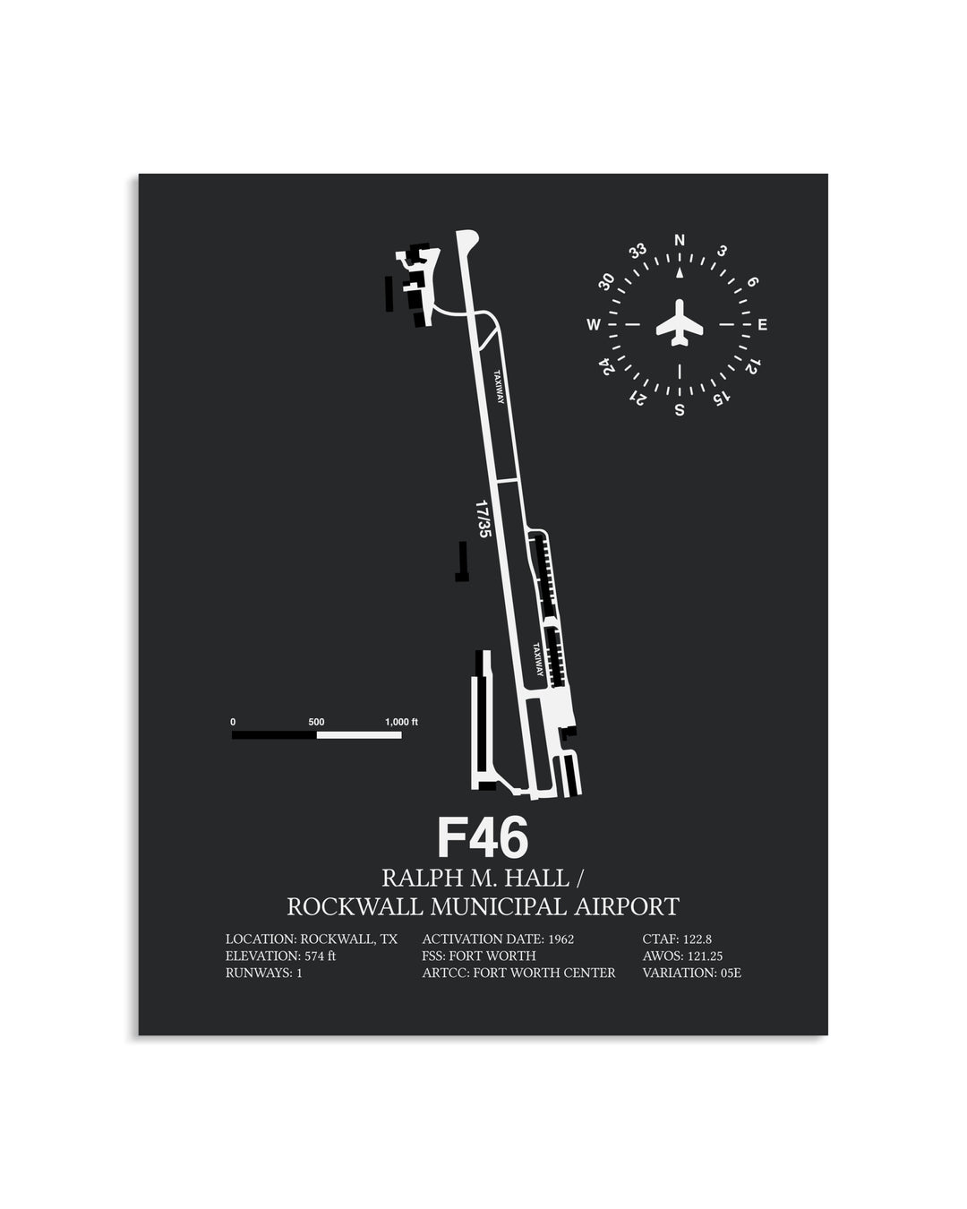 Gray Framed Ralph M. Hall / Rockwall Municipal Airport layout wall art poster