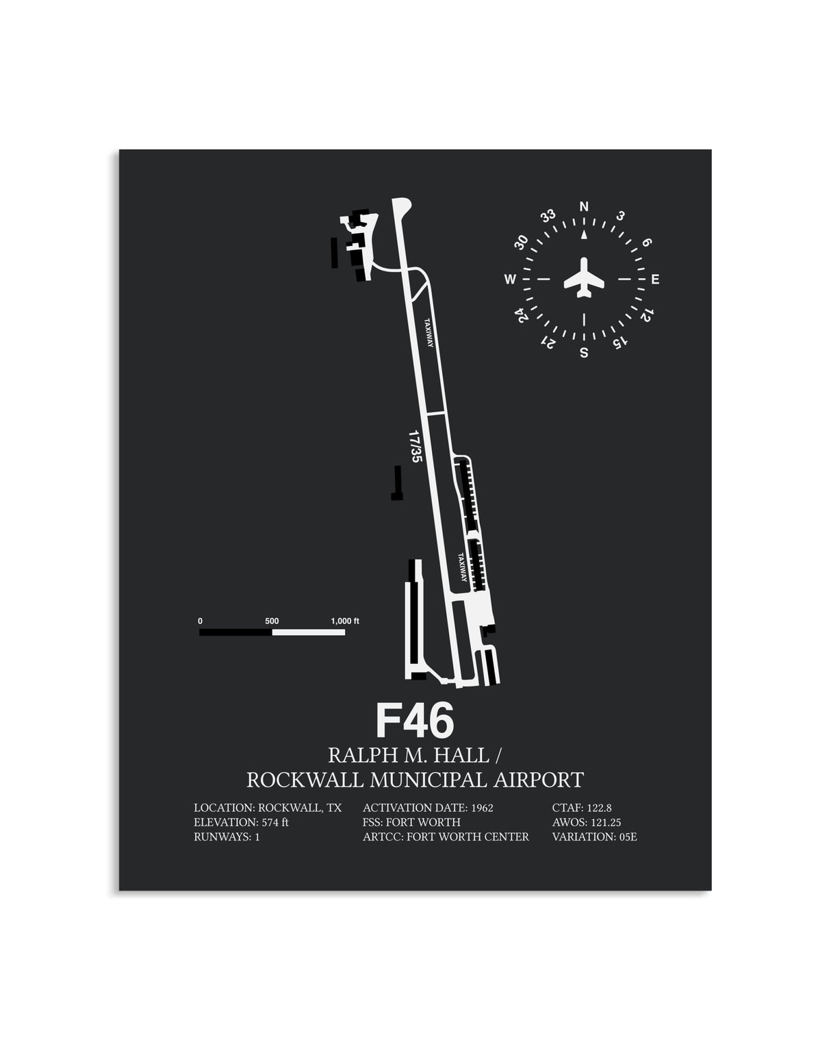 Gray Framed Ralph M. Hall / Rockwall Municipal Airport layout wall art poster