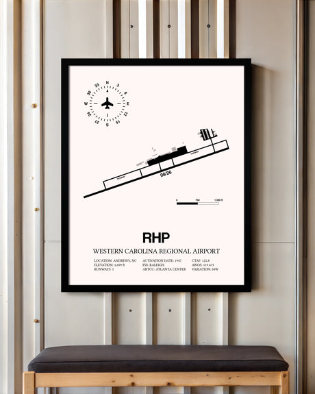Western Carolina Regional Airport framed poster displayed in an airplane hangar