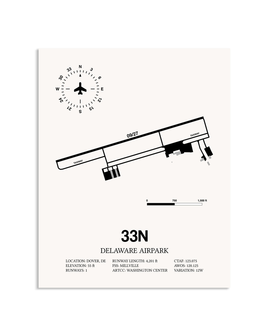 Gray Delaware Airpark framed poster displayed in an airplane hangar