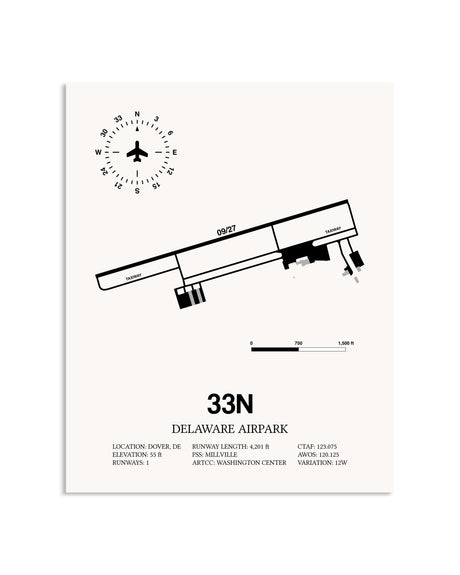Gray Delaware Airpark framed poster displayed in an airplane hangar