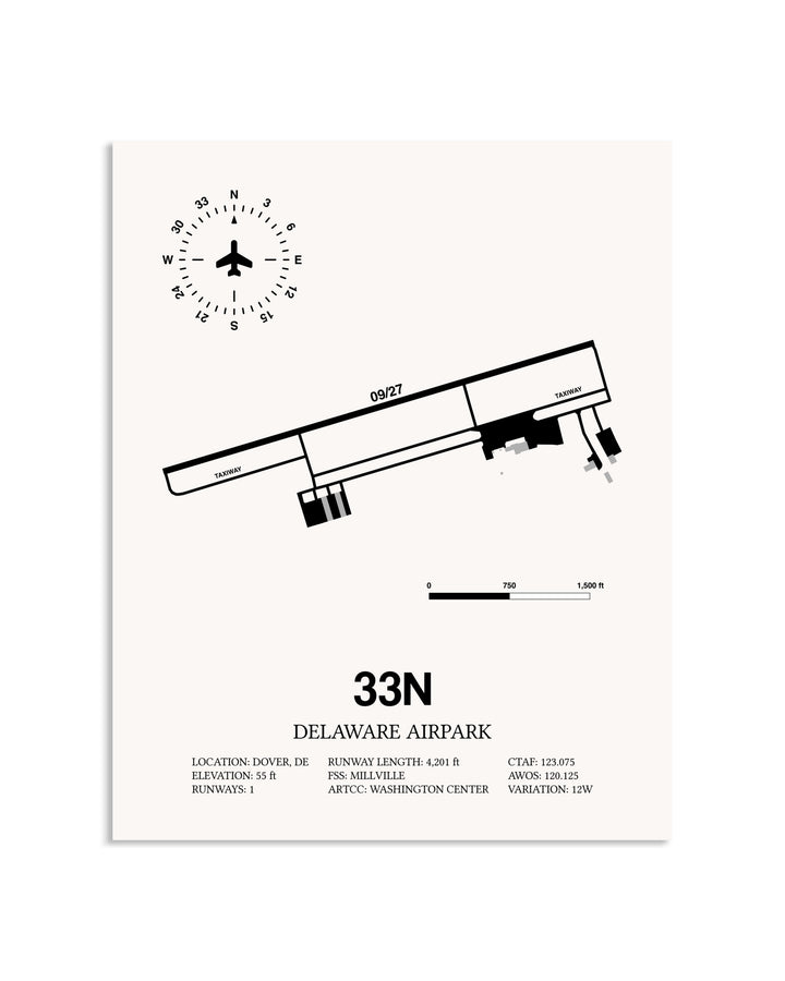 Gray Delaware Airpark framed poster displayed in an airplane hangar