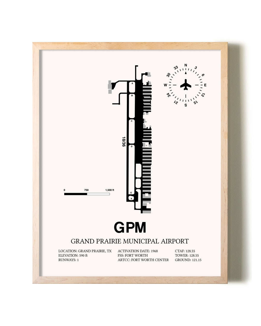 Grand Prairie Municipal Airport framed wall art in white frame