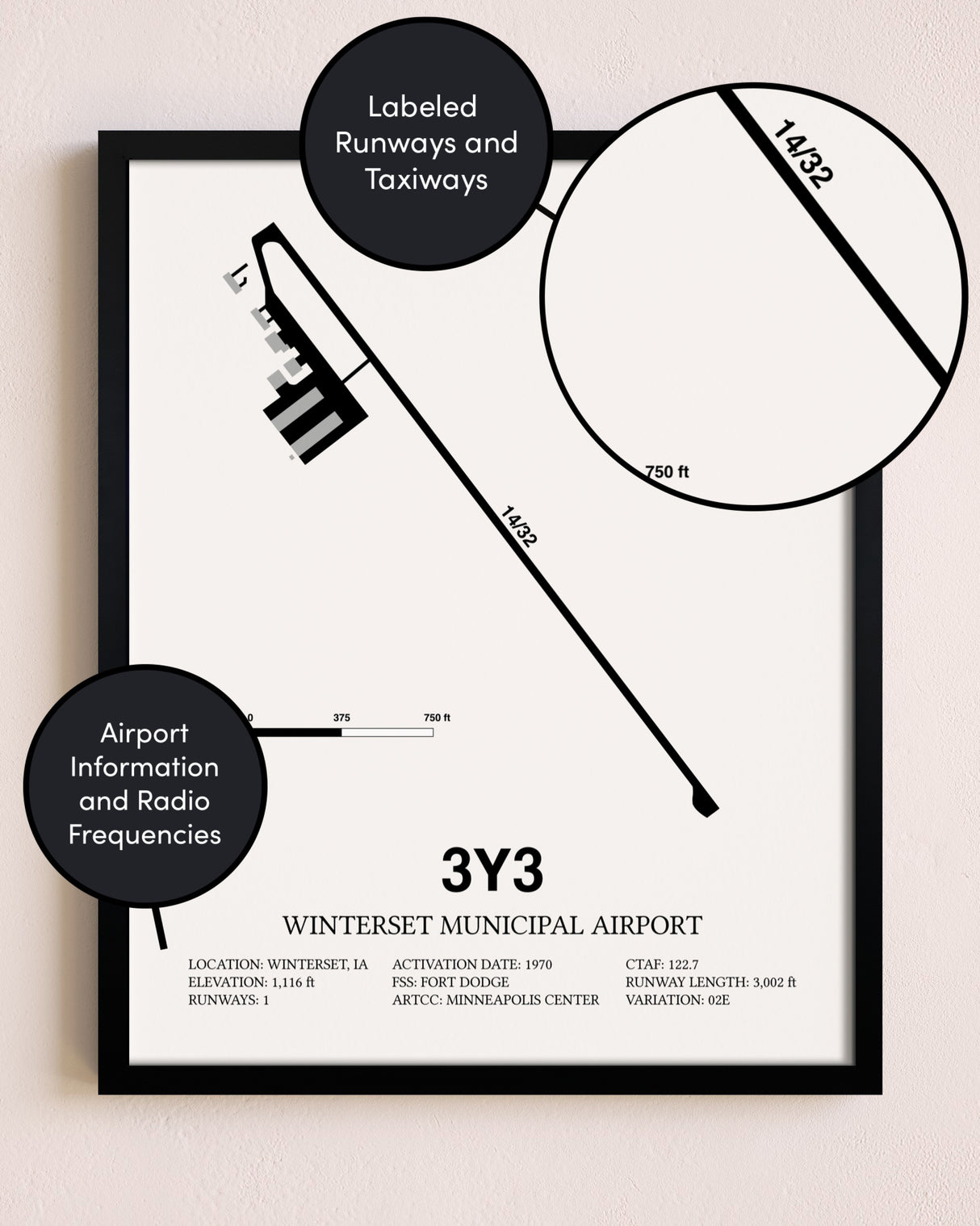 Framed Winterset Municipal Airport layout wall art poster
