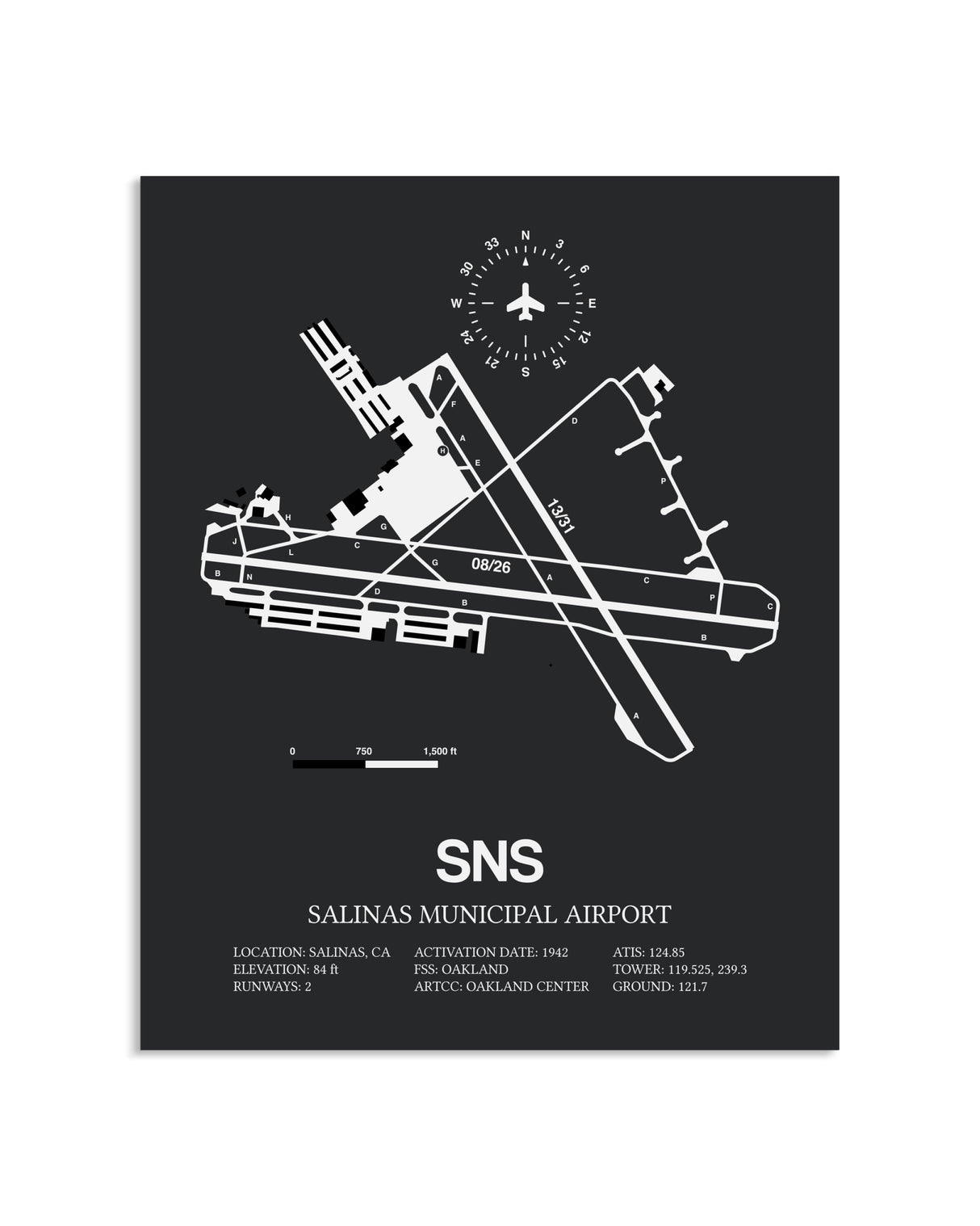 Gray Framed Salinas Municipal Airport layout wall art poster