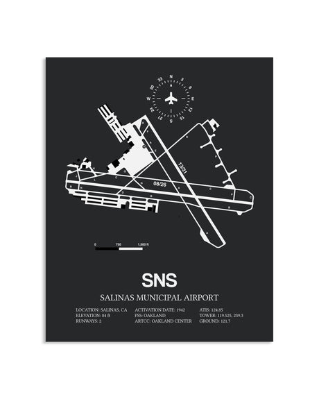 Gray Framed Salinas Municipal Airport layout wall art poster