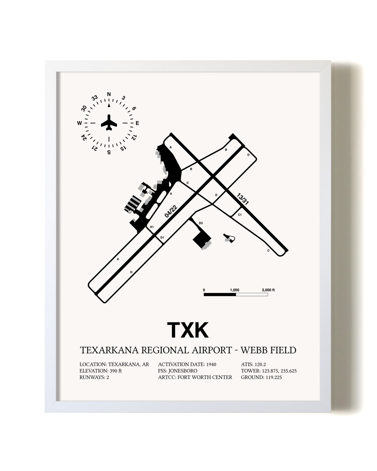 Texarkana Regional Airport-Webb Field airport map poster in oak frame
