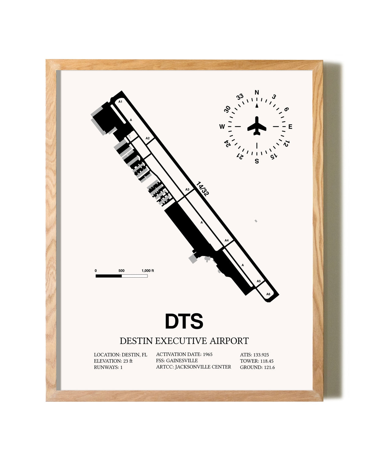 Destin Executive Airport framed print in natural wood frame