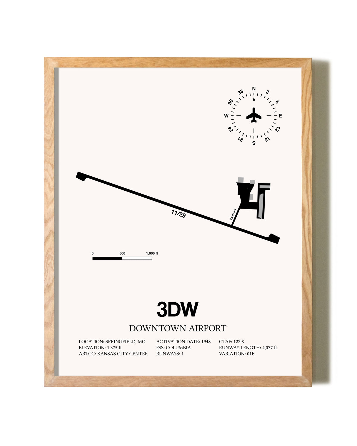 Downtown Airport framed print in natural wood frame
