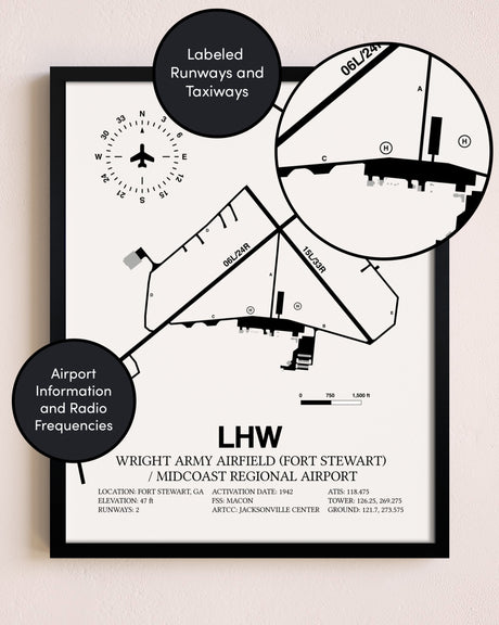 Framed Wright Army Airfield (Fort Stewart) / Midcoast Regional Airport layout wall art poster
