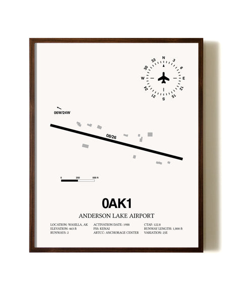 Anderson Lake Airport aviation print in walnut frame