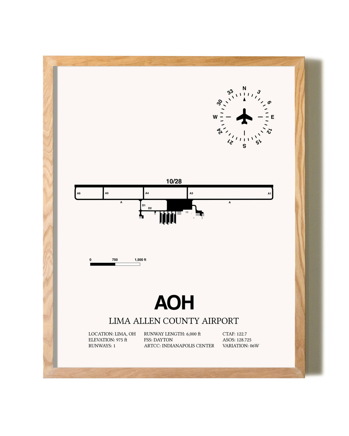Lima Allen County Airport framed print in natural wood frame