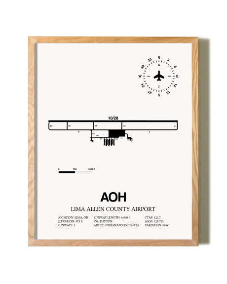 Lima Allen County Airport framed print in natural wood frame