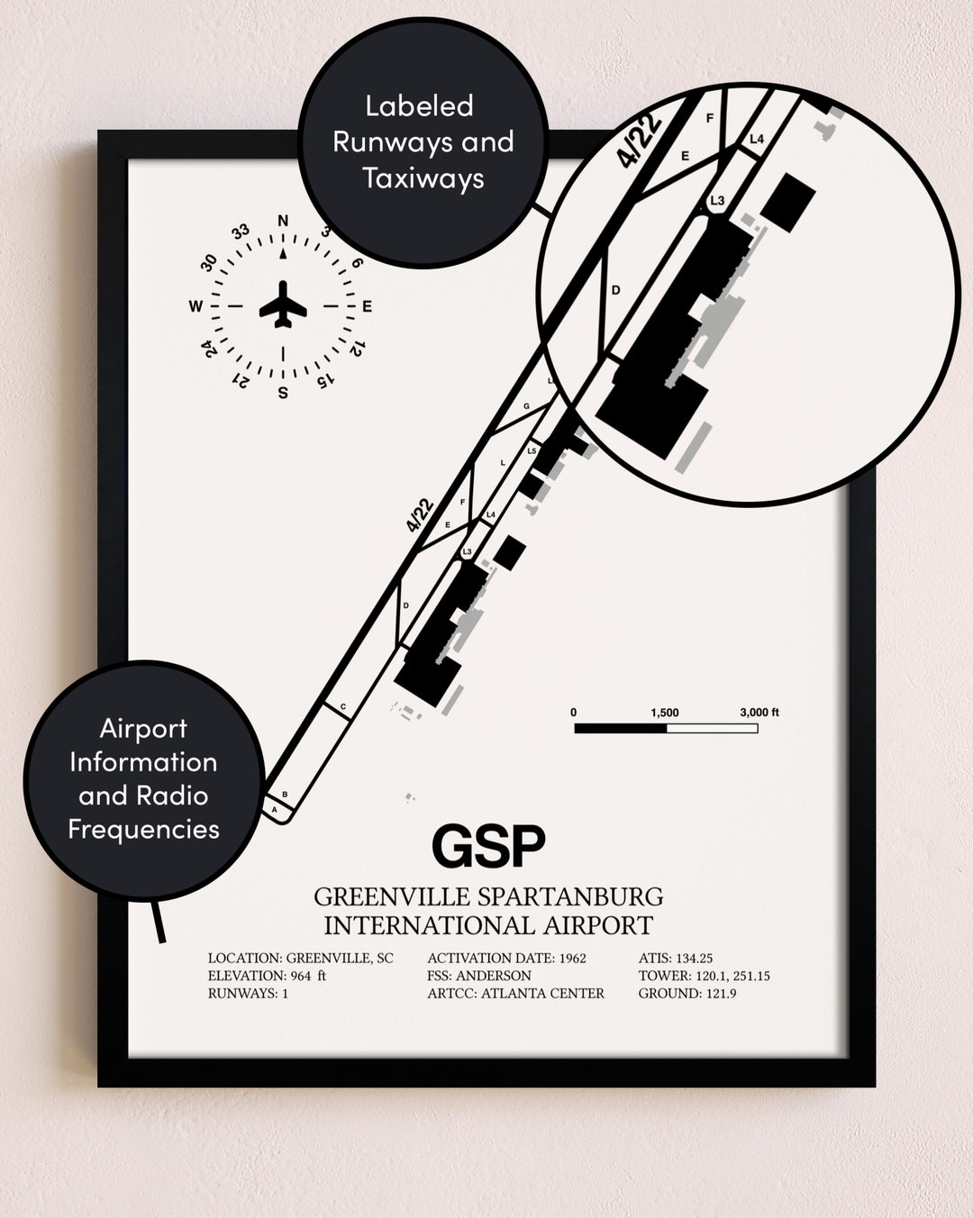 Framed Greenville Spartanburg International Airport layout wall art poster