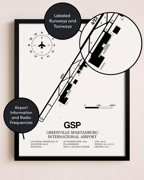 Framed Greenville Spartanburg International Airport layout wall art poster