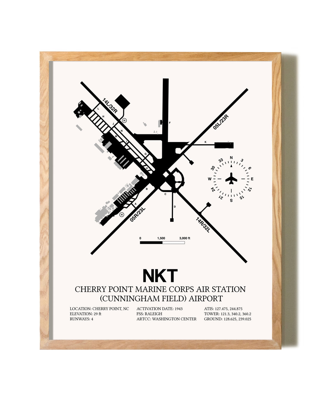 Cherry Point Marine Corps Air Station (Cunningham Field) Airport framed print in natural wood frame