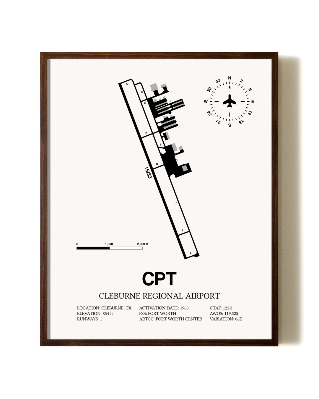 Cleburne Regional Airport aviation print in walnut frame