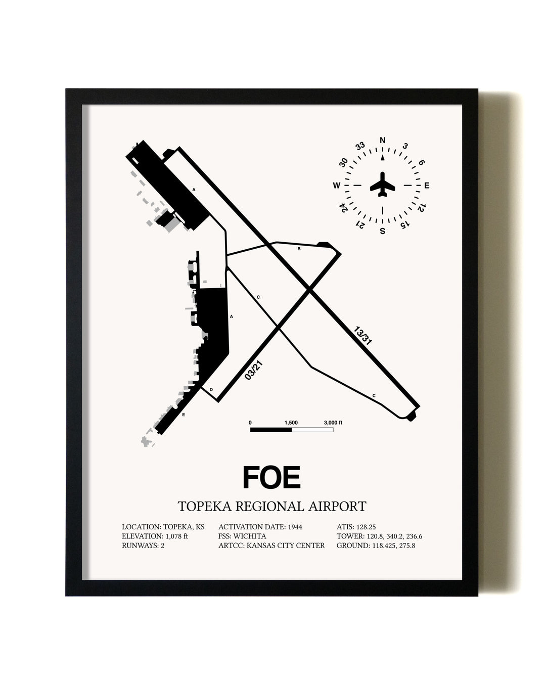 Framed Topeka Regional Airport wall art poster in black frame